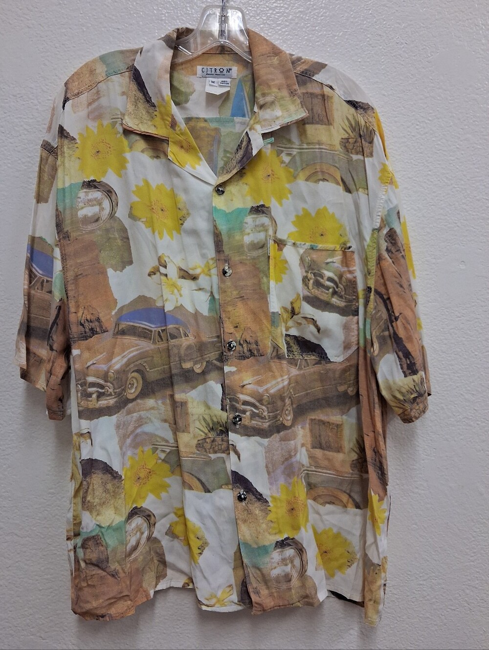 Citron Santa Monica Art To Wear Cars & Sunflowers Rayon Camp Shirt Men’s Medium